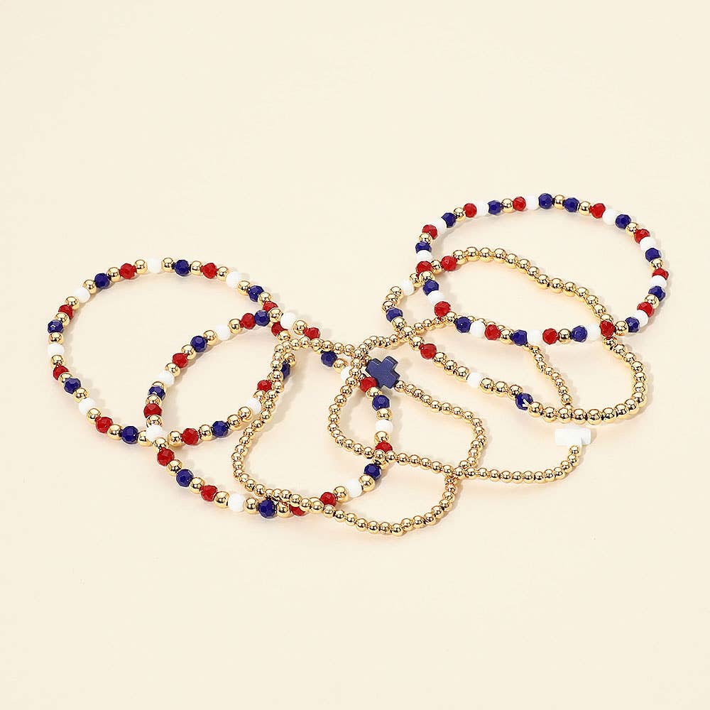 6PCS - Cross Charm Faceted Beaded Stretch Multi Layered Bracelets