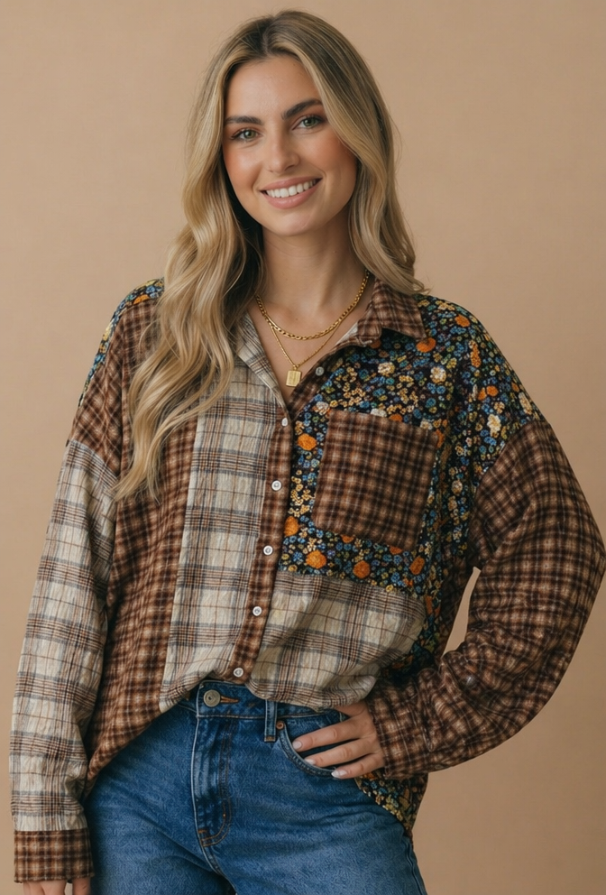 Plus Button Down Color Block Oversized Top
