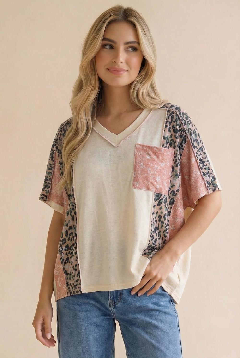 Floral Leopard Color Block Dolman Knit Top