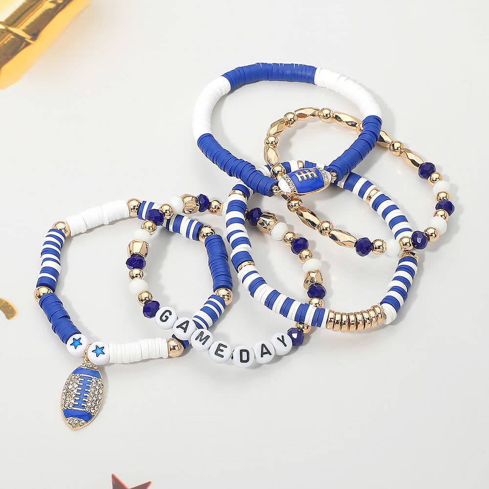 5PCS - GAME DAY Football Charm Heishi Faceted Beaded Stretch Multi Layered Bracelets