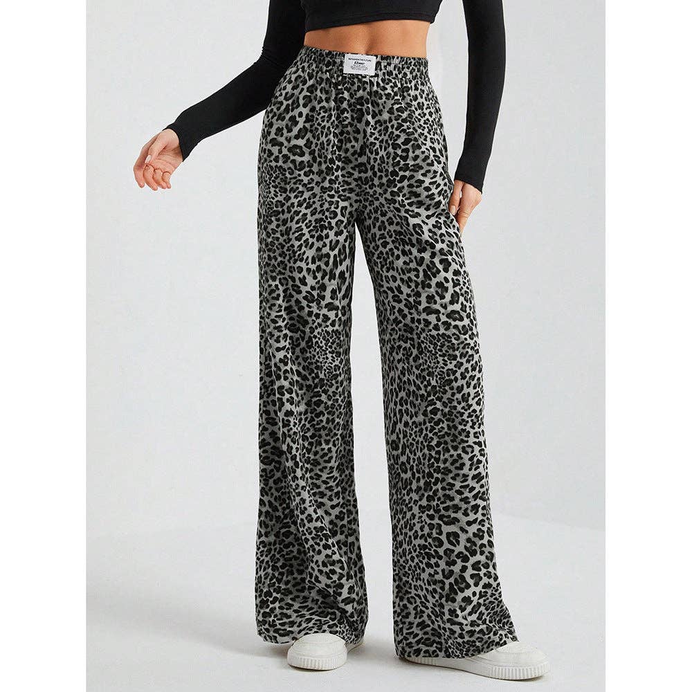Leopard Print Wide Leg Pants High Waist Casual Trousers