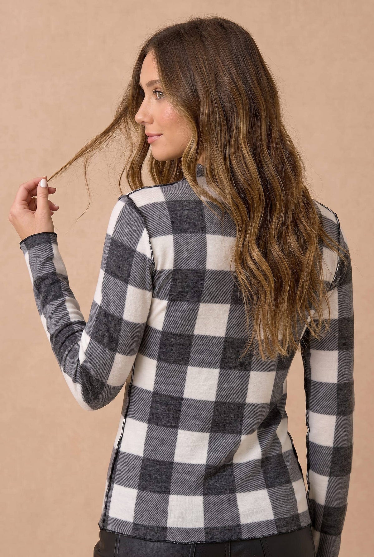 Buffalo Check Mock Neck Long Sleeve Knit Top