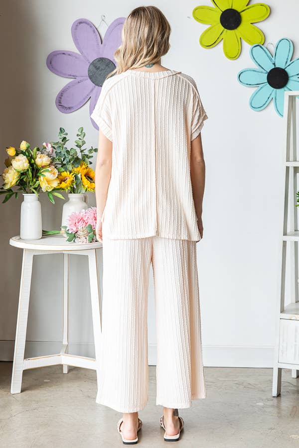 Textured V neck Top And Wide Leg Lounge Set