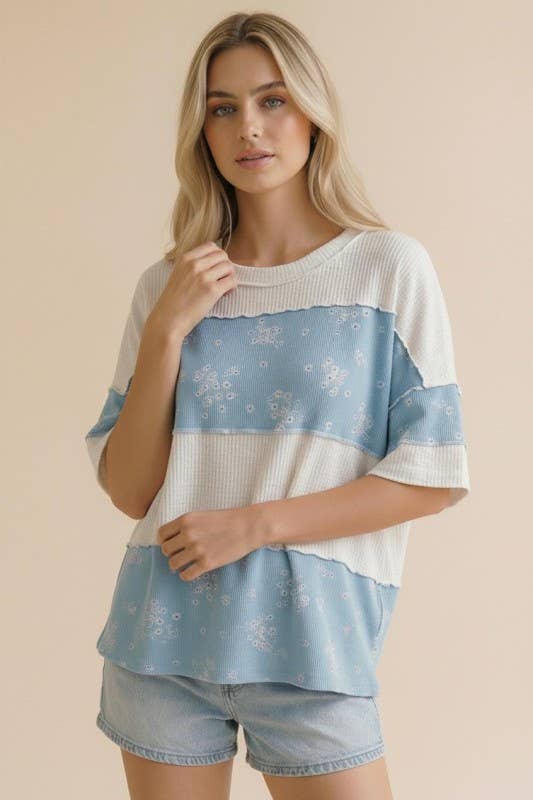 Short Sleeve Solid Rib Floral Color Block Top