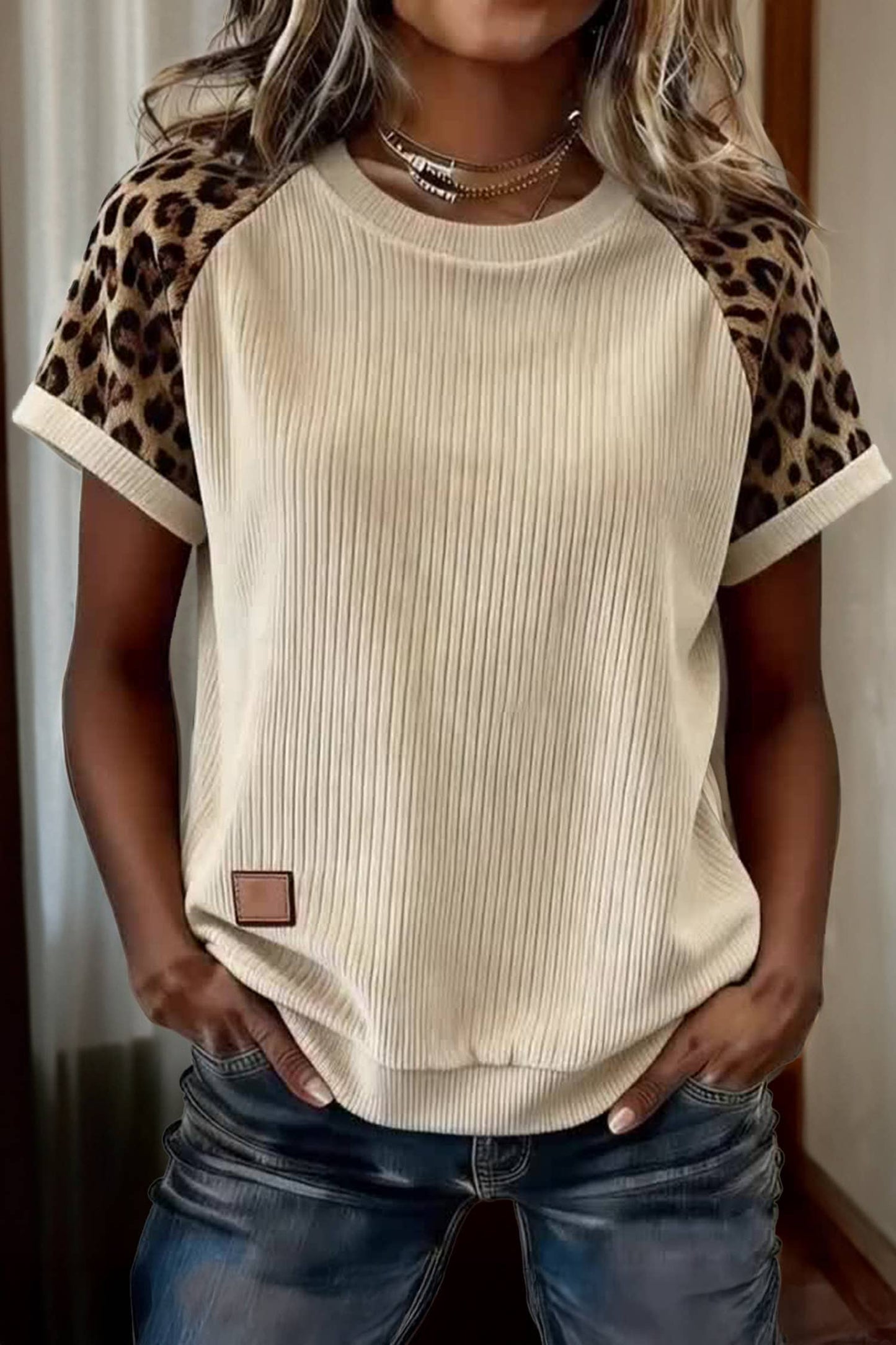 Ribbed Color Block Leopard Contrast Sleeve Loose Tee (S-XL)