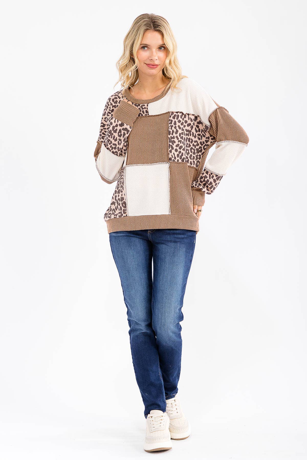 Leopard Patchwork Color Block Rib Knit Pullover Top