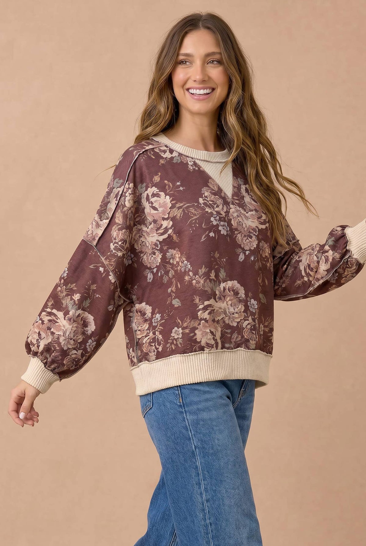 Color Block Floral Pullover Knit Top
