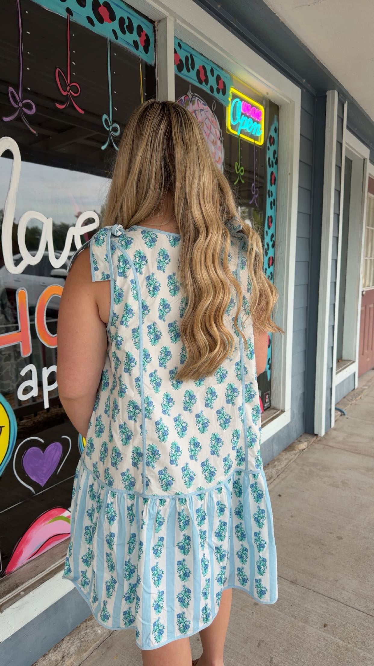 White with Blue Stripes & Flower Mini Dress