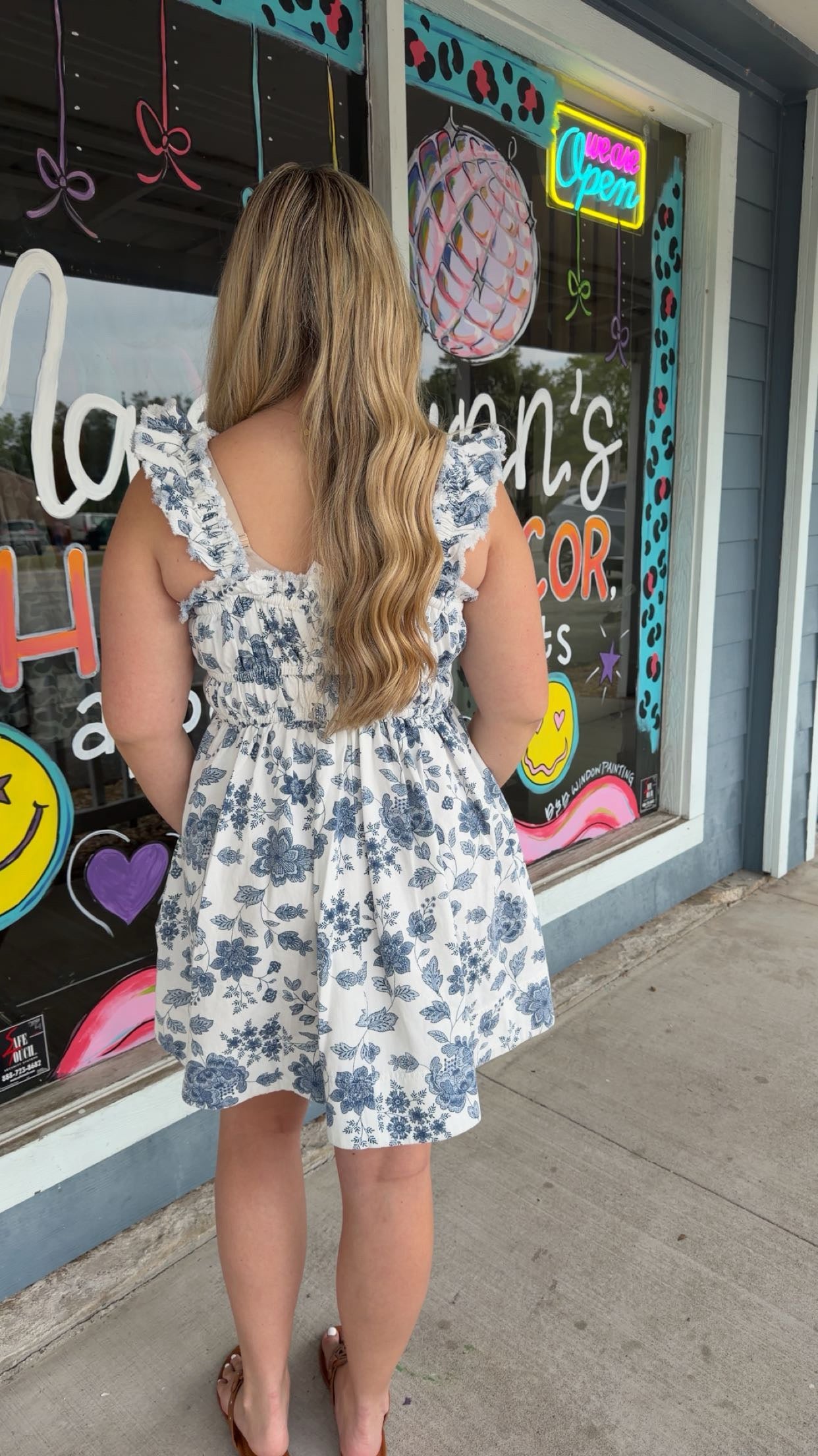 White Denim Blue Flower Mini Dress