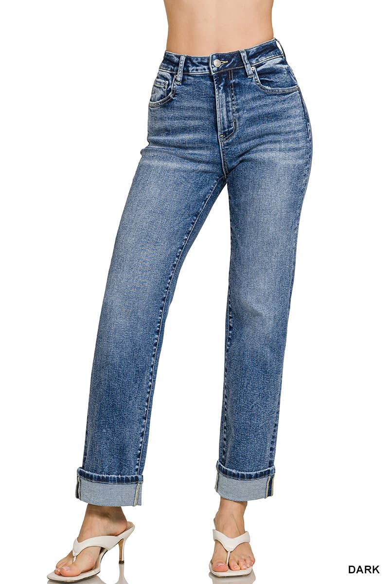 Cuffed Straight Denim Pants - Zenana