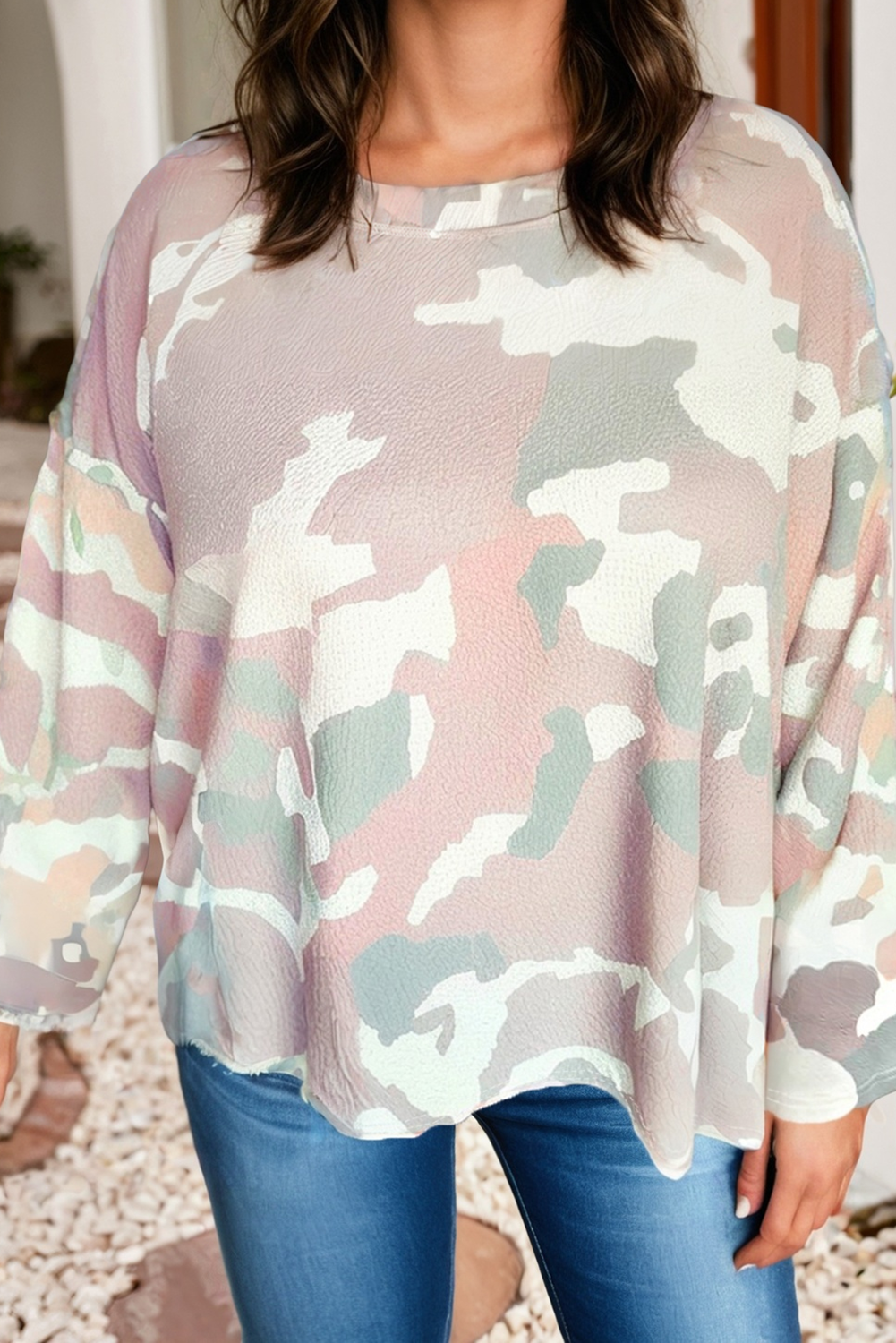 LDC Plus Size Camouflage Print Drop Shoulder Pullover Top