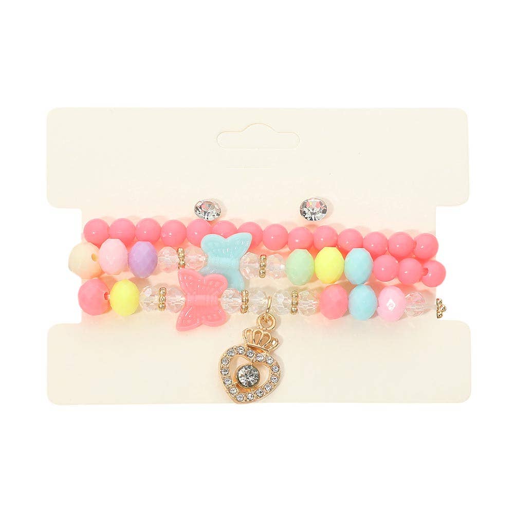 Kids Heart Charm Butterfly Beaded Stretch Bracelet Earring Set