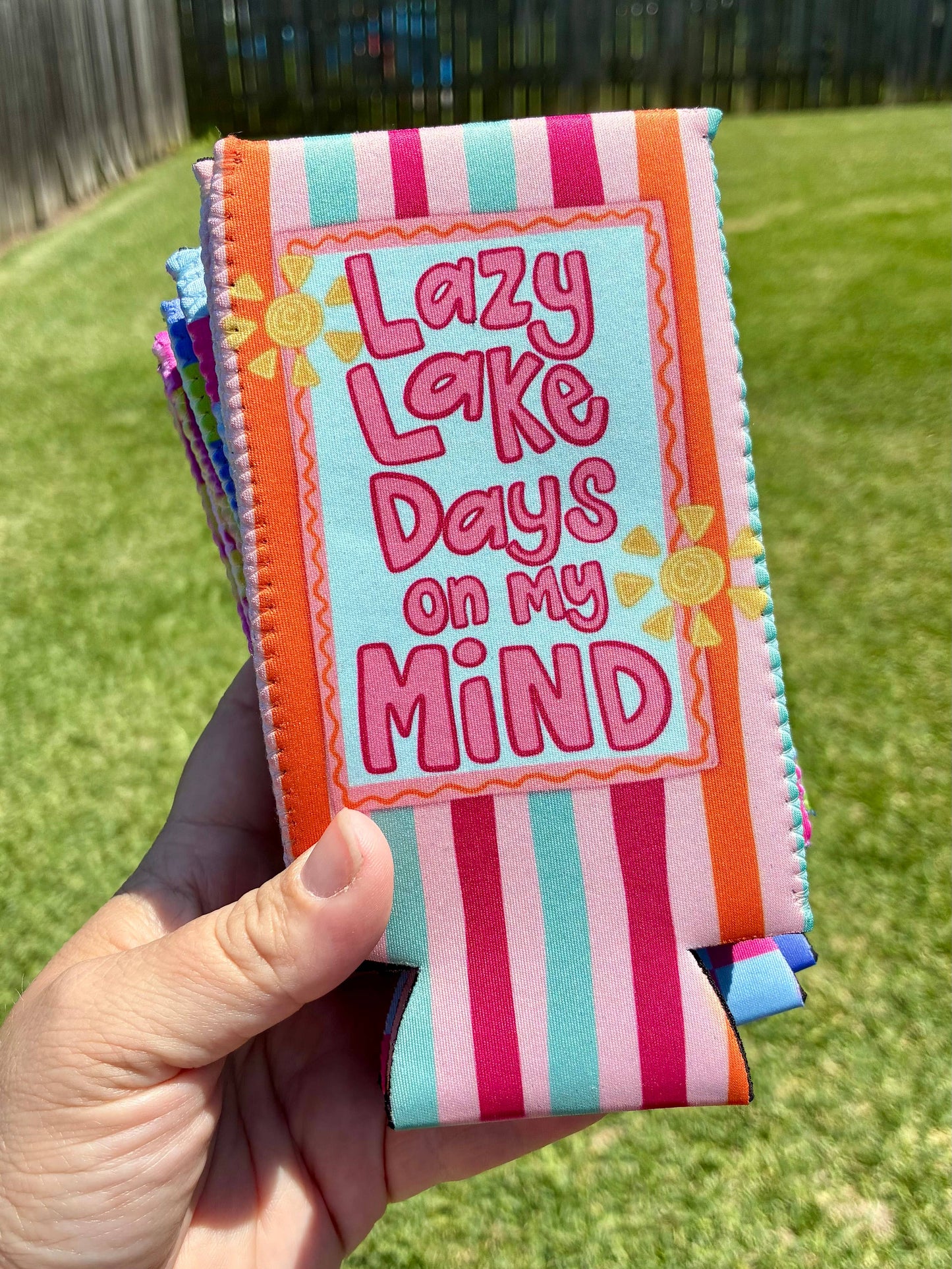 Summer lazy lake days on my mind koozies
