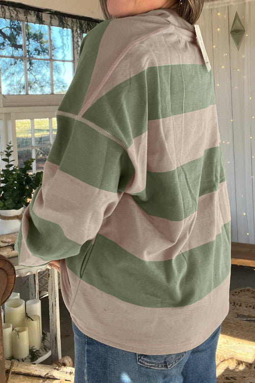 Green Striped Colorblock Zipper Pullover