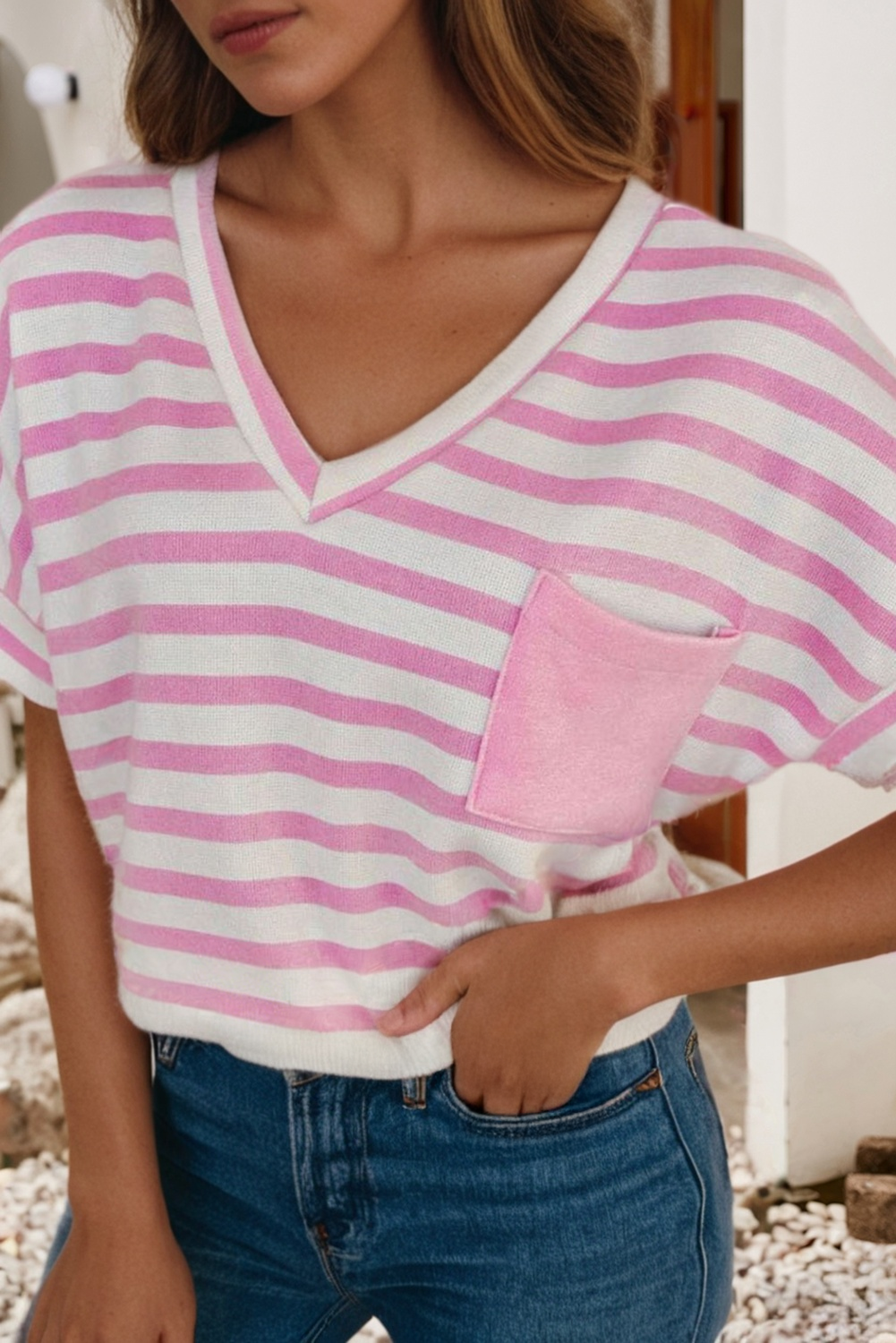 Spring Stripe V Neck Patched Pocket Casual T Shirt