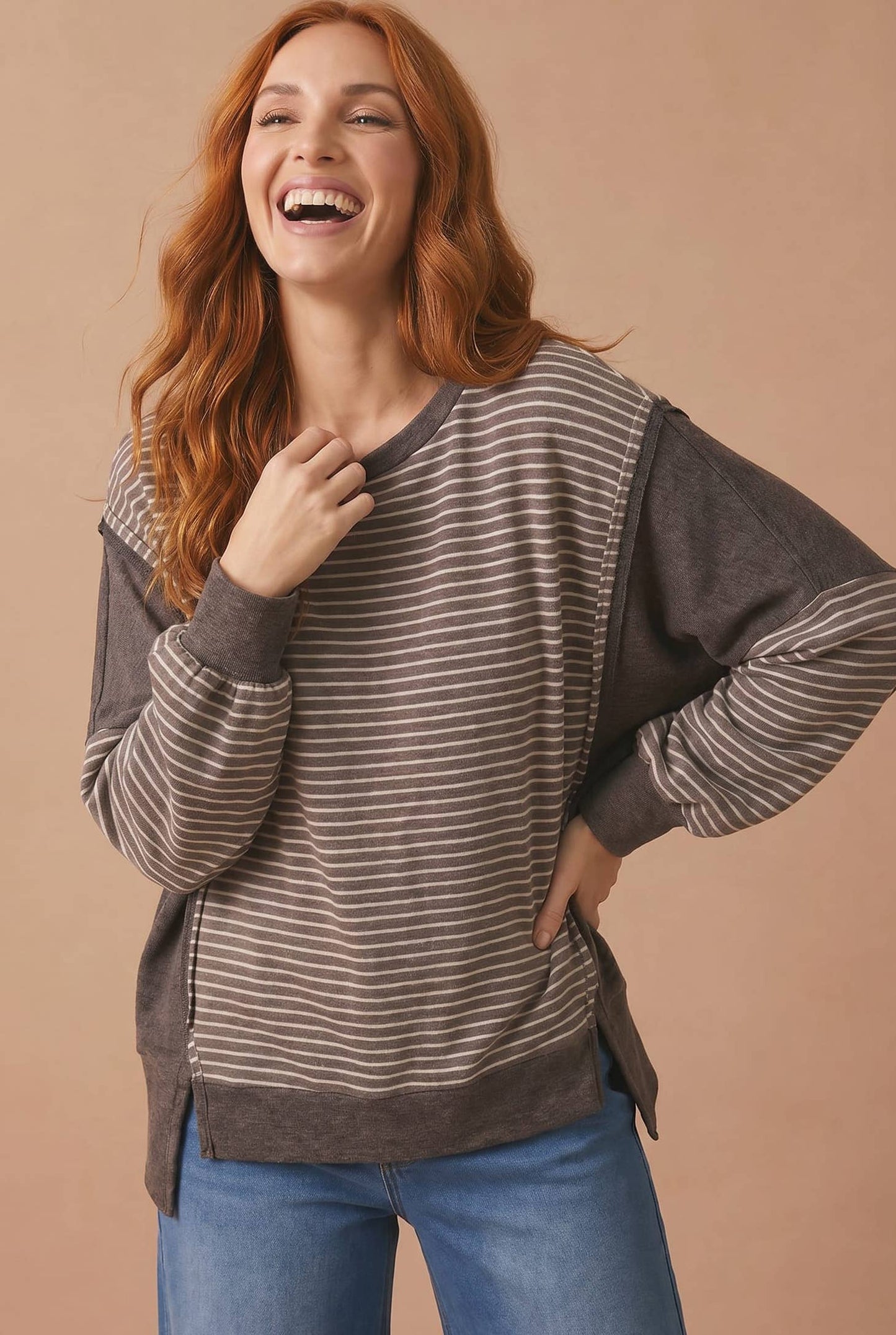 Drop Shoulder Stripe Color Block Pullover Top