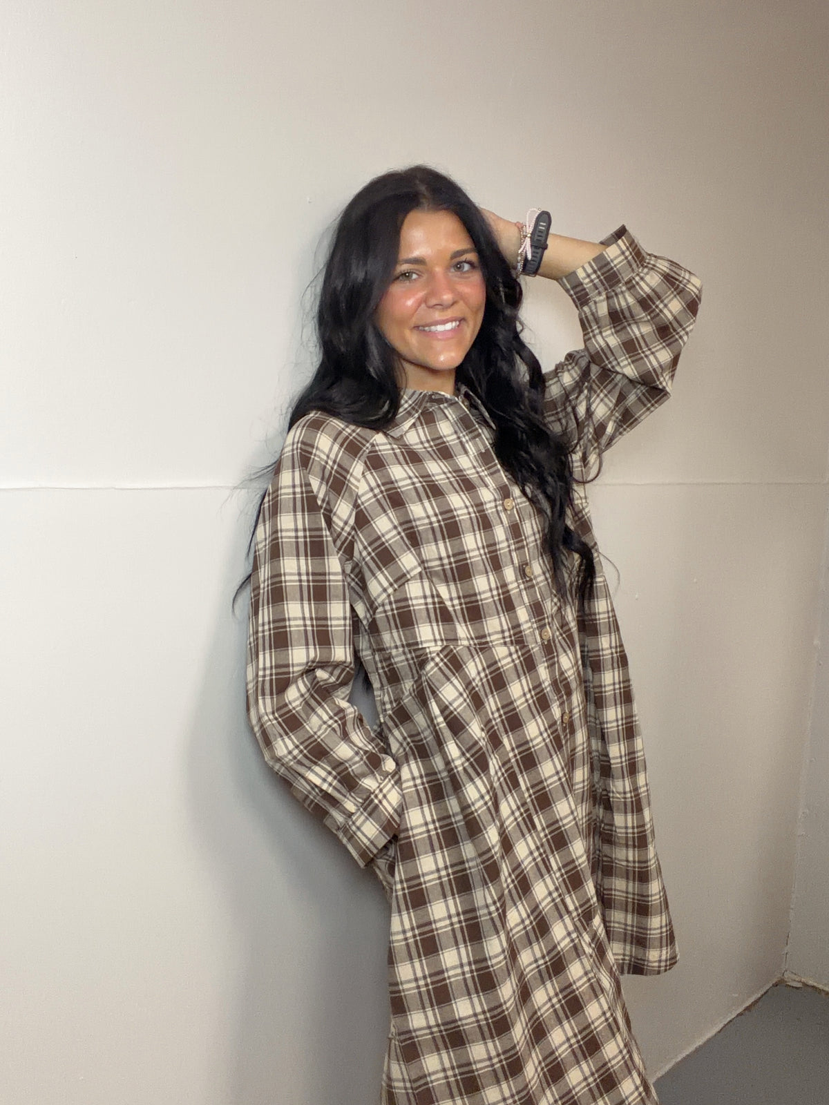 Brown Plaid Long Sleeve Short Shift Mini Dress