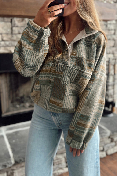 Green Western Print Fleece Pullover Long Sleeve