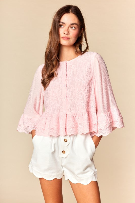 Pink Lace Mid-sleeve Top