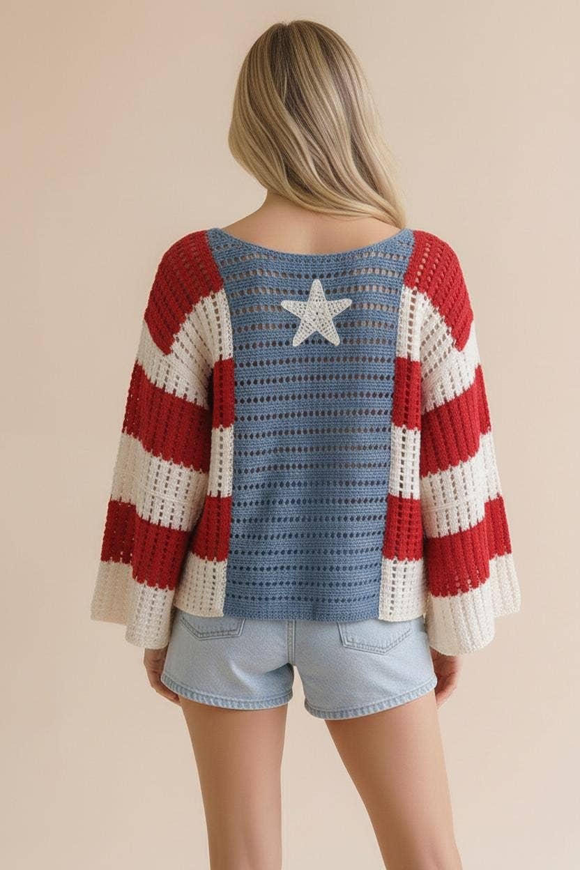 Long Sleeve Star and Stripe Crochet Sweater