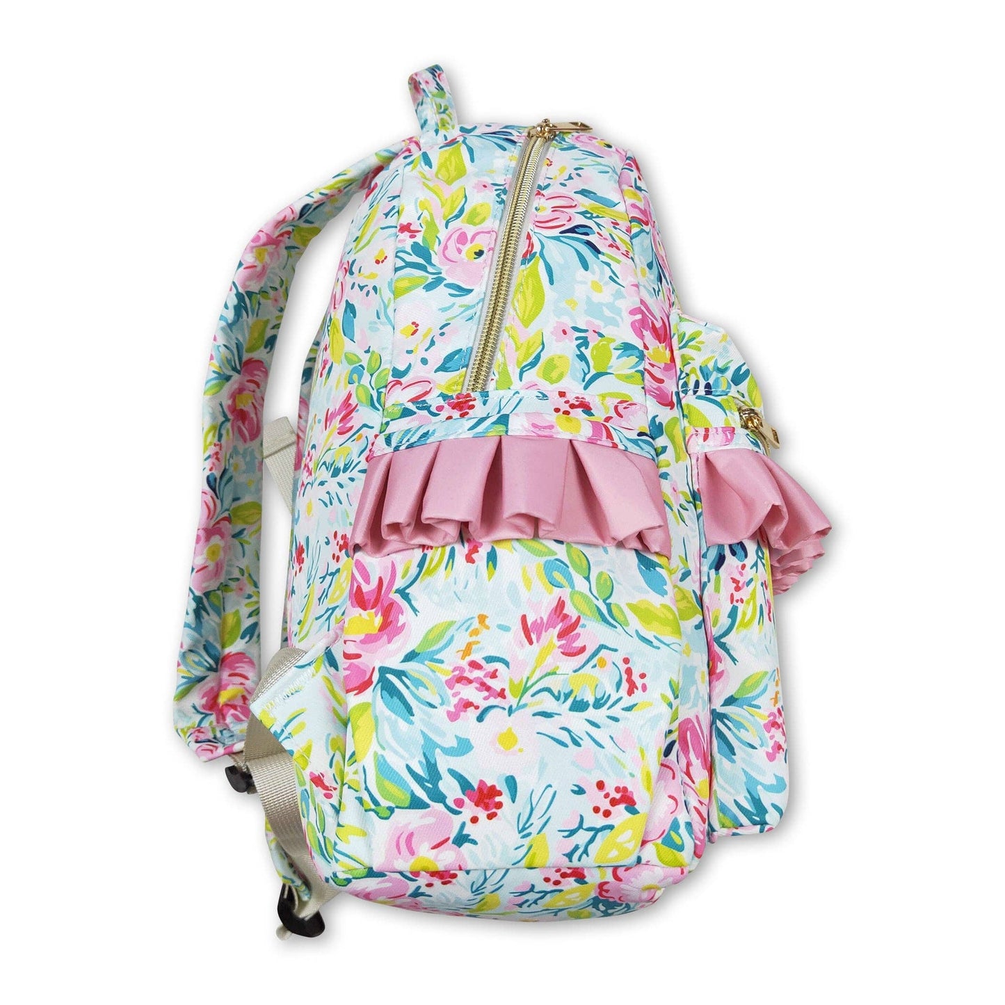 Green pink flower ruffle girls backpack