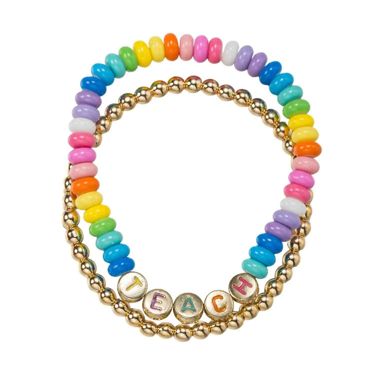 Set of 2 Beaded Stretch Bracelet with "Teach"