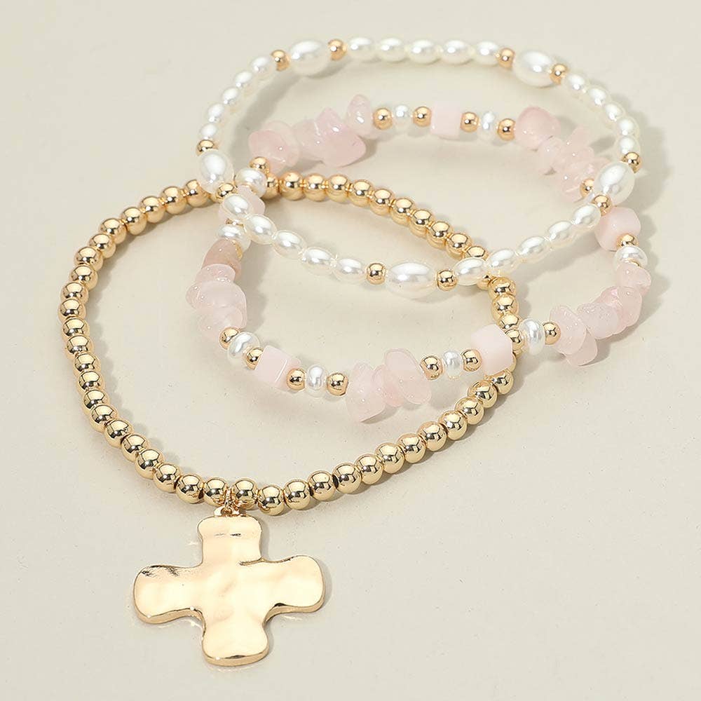 3PCS - Hammered Metal Cross Charm Pearl Beaded Stretch Multi Layered Bracelets