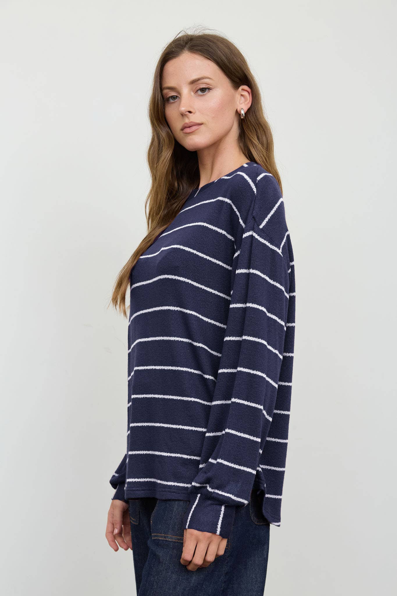 STRIPE LONG SLEEVE CUFFED RELAXED KNIT TOP