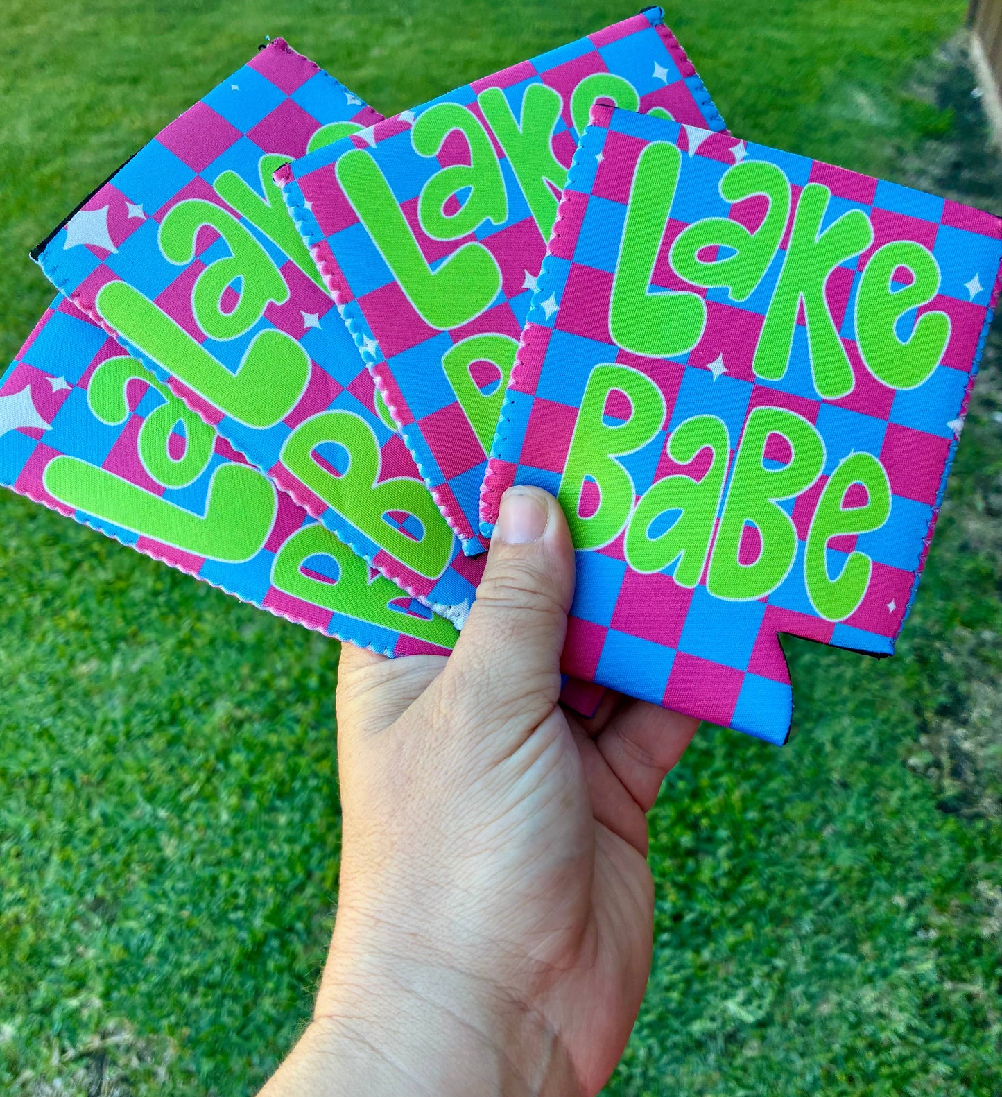 Lake babe summer checkered print koozies