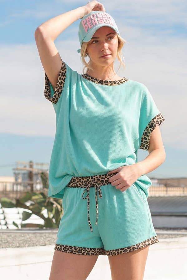 Leopard Print Trim Waffle Knit Loungewear Set