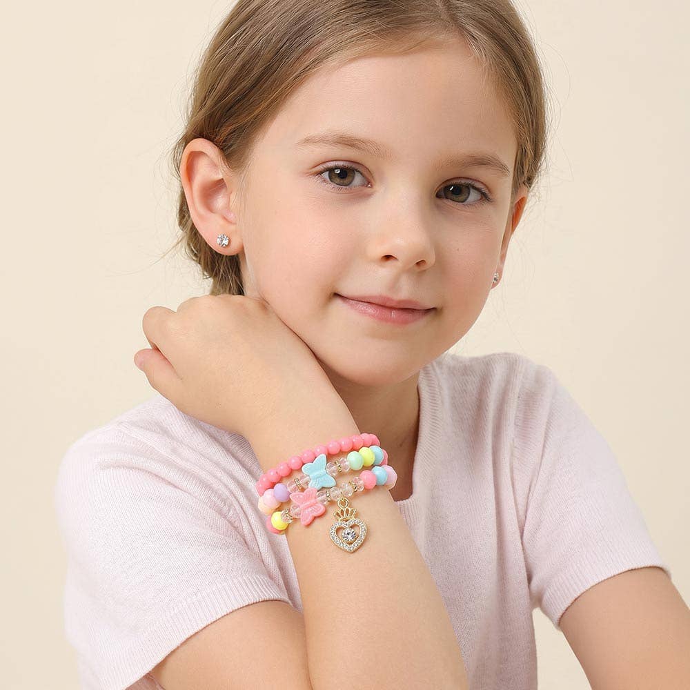 12 SET OF 4 - Kids Heart Charm Butterfly Beaded Stretch Bracelet Earring Set