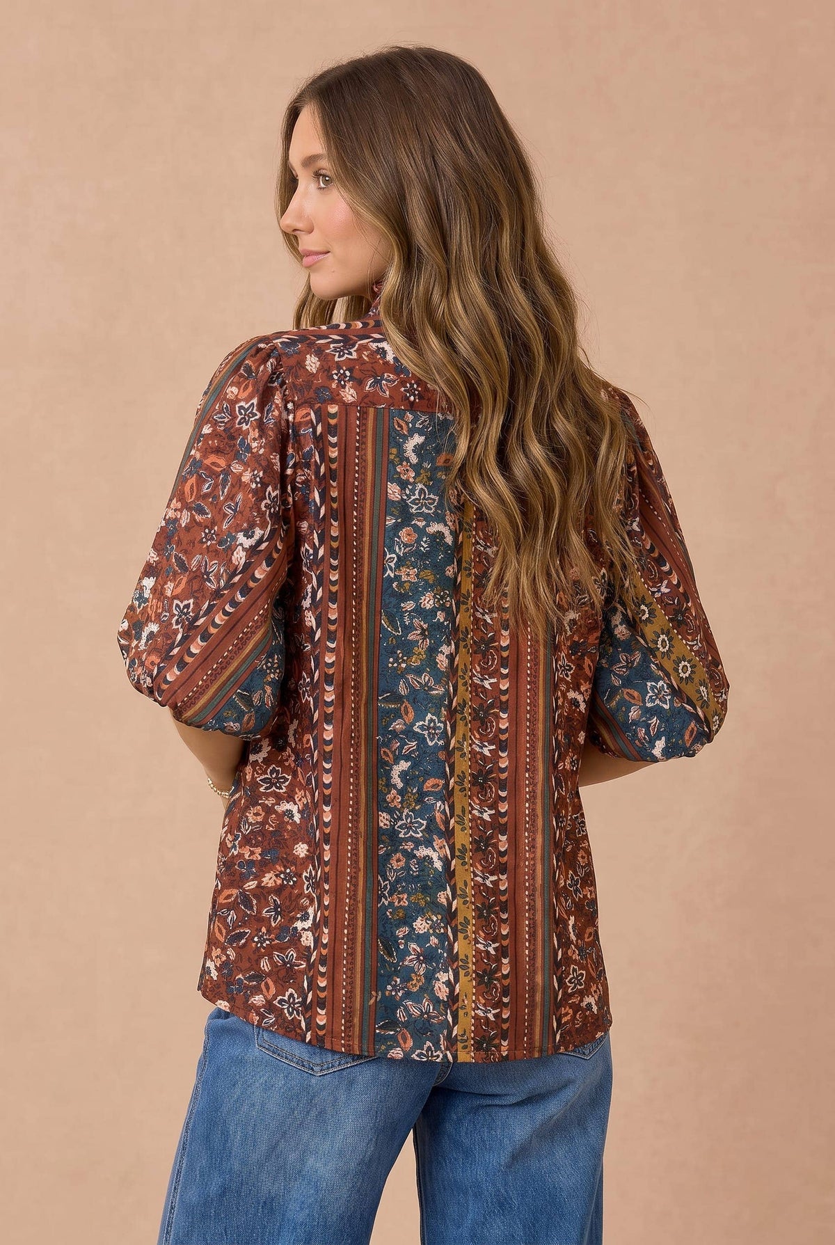 Mixed Print Notched Babydoll Top
