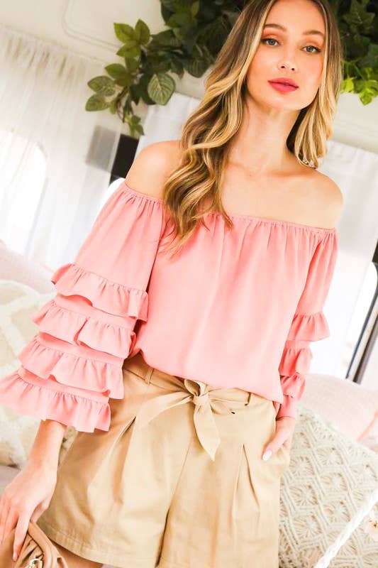 Off The Shoulder Four Tiers Ruffle 3/4 Sleeve Top