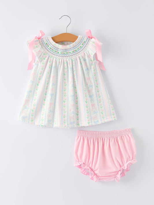 Pink Bow Stripe Smocked Bloomer Set