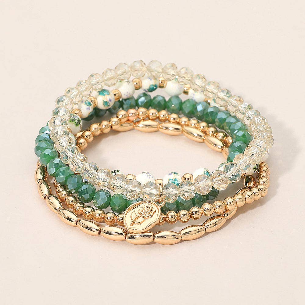 5PCS - Flower Stem Embossed Oval Charm Faceted Beaded Stretch Multi Layered Bracelets
