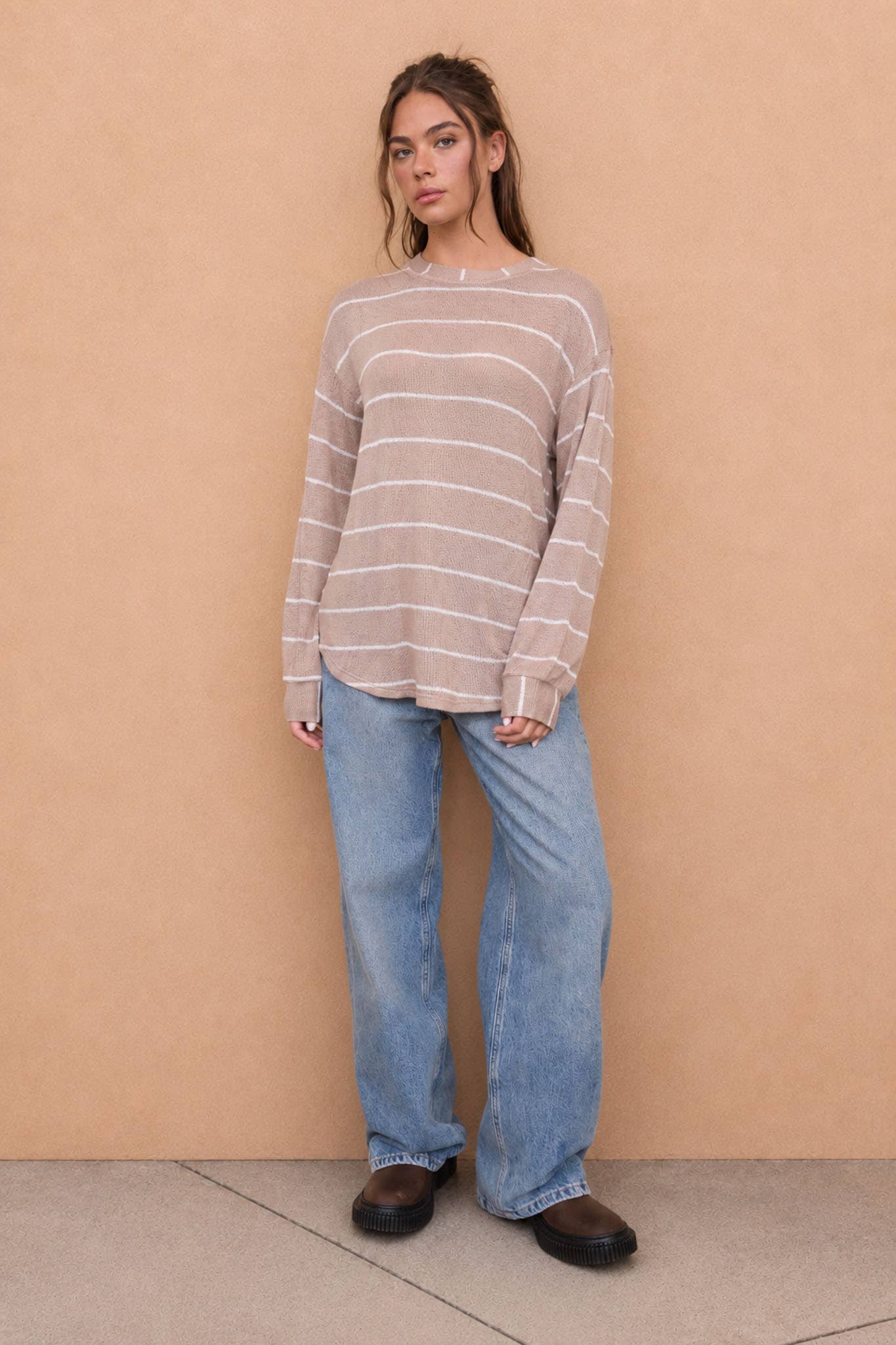 STRIPE LONG SLEEVE CUFFED RELAXED KNIT TOP