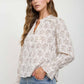 FLORAL LEAF PRINT SPLIT NECK LONG SLEEVE BLOUSE