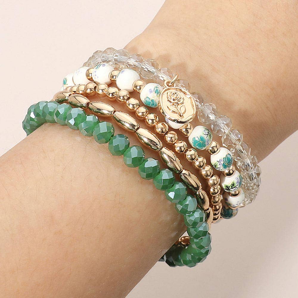 5PCS - Flower Stem Embossed Oval Charm Faceted Beaded Stretch Multi Layered Bracelets