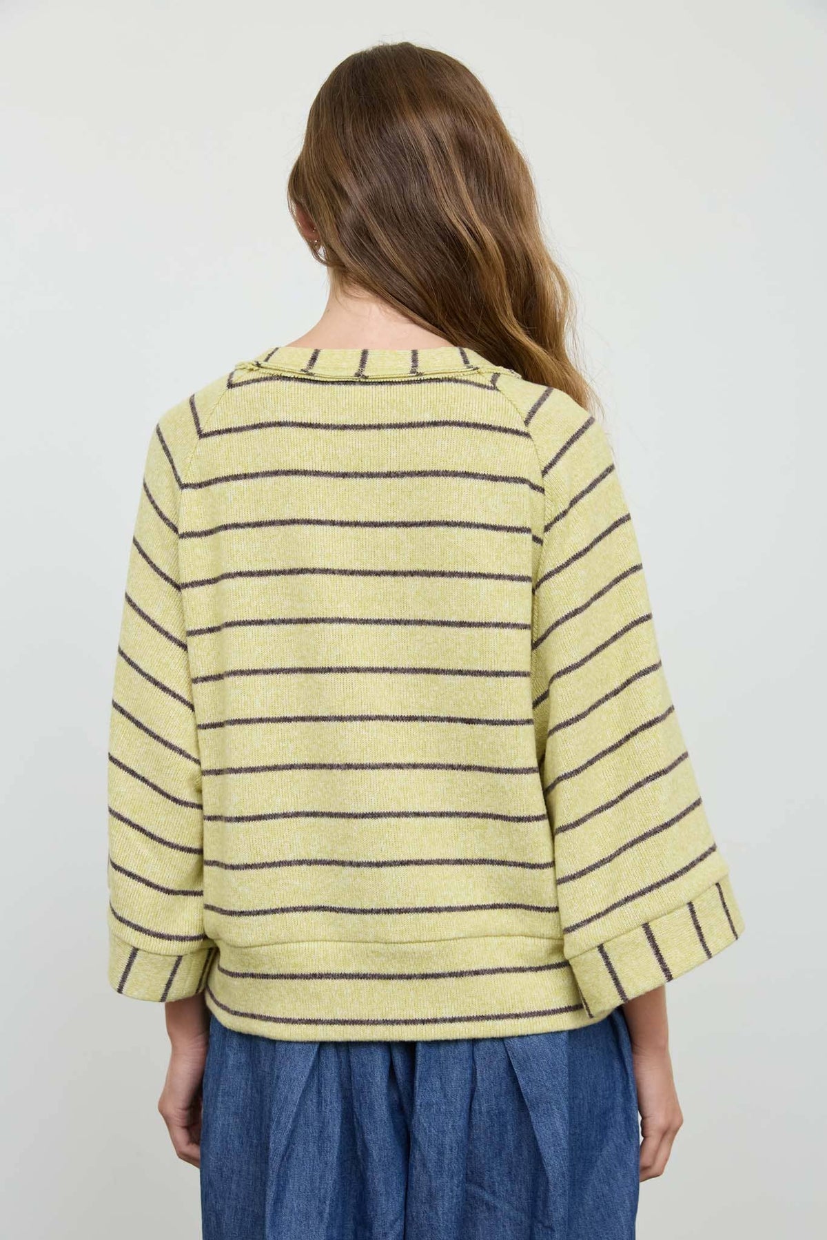 STRIPE HENLEY WIDE LONG SLEEVE KNIT TOP
