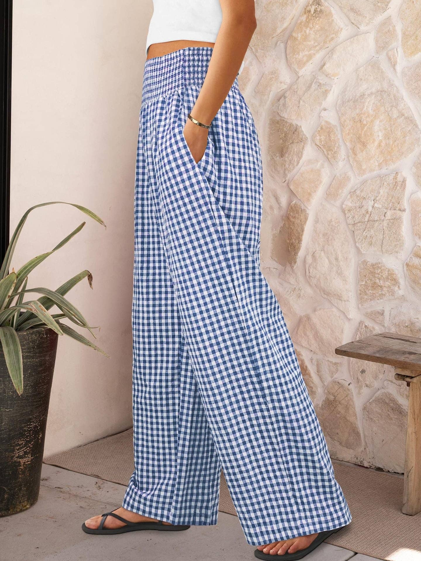 Gingham High Waist Wide Leg Pants with Pockets