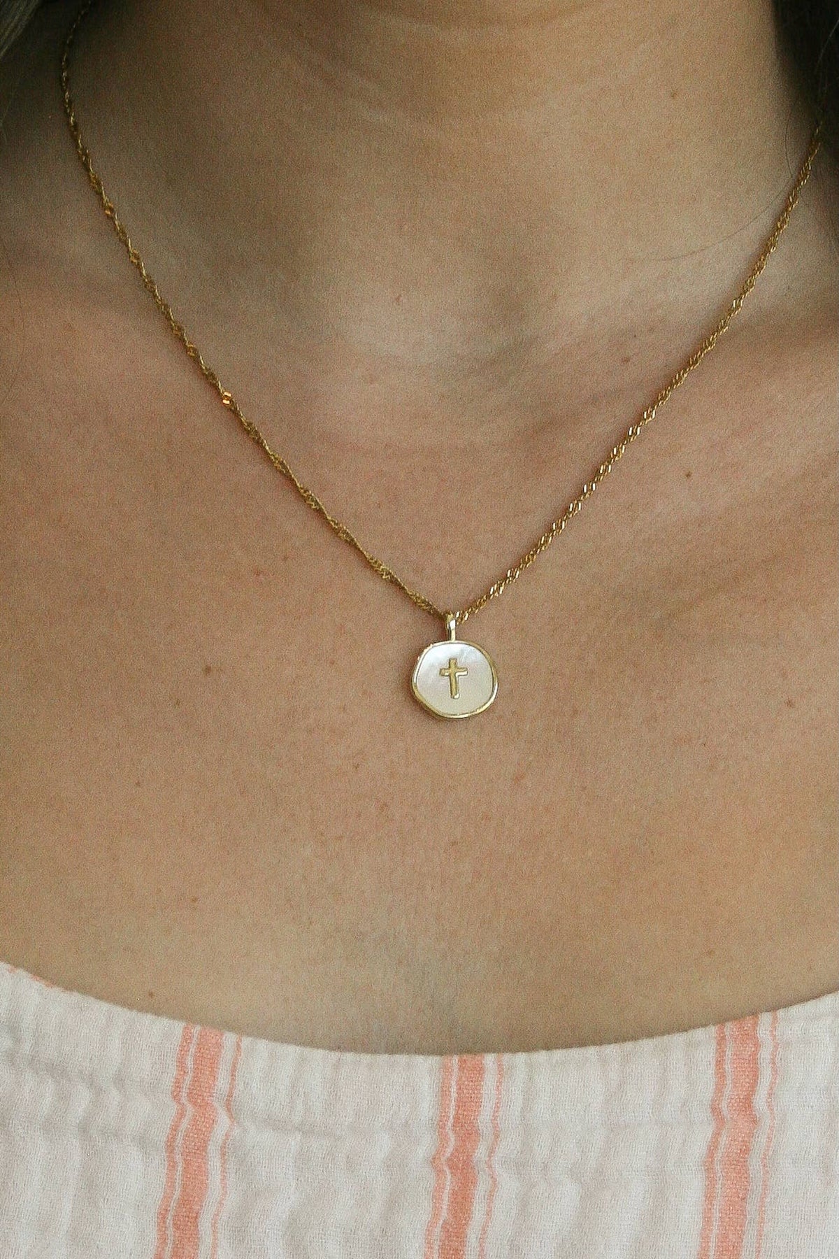 Haven White Coin Cross Necklace – Tarnish-Free 18" Dainty