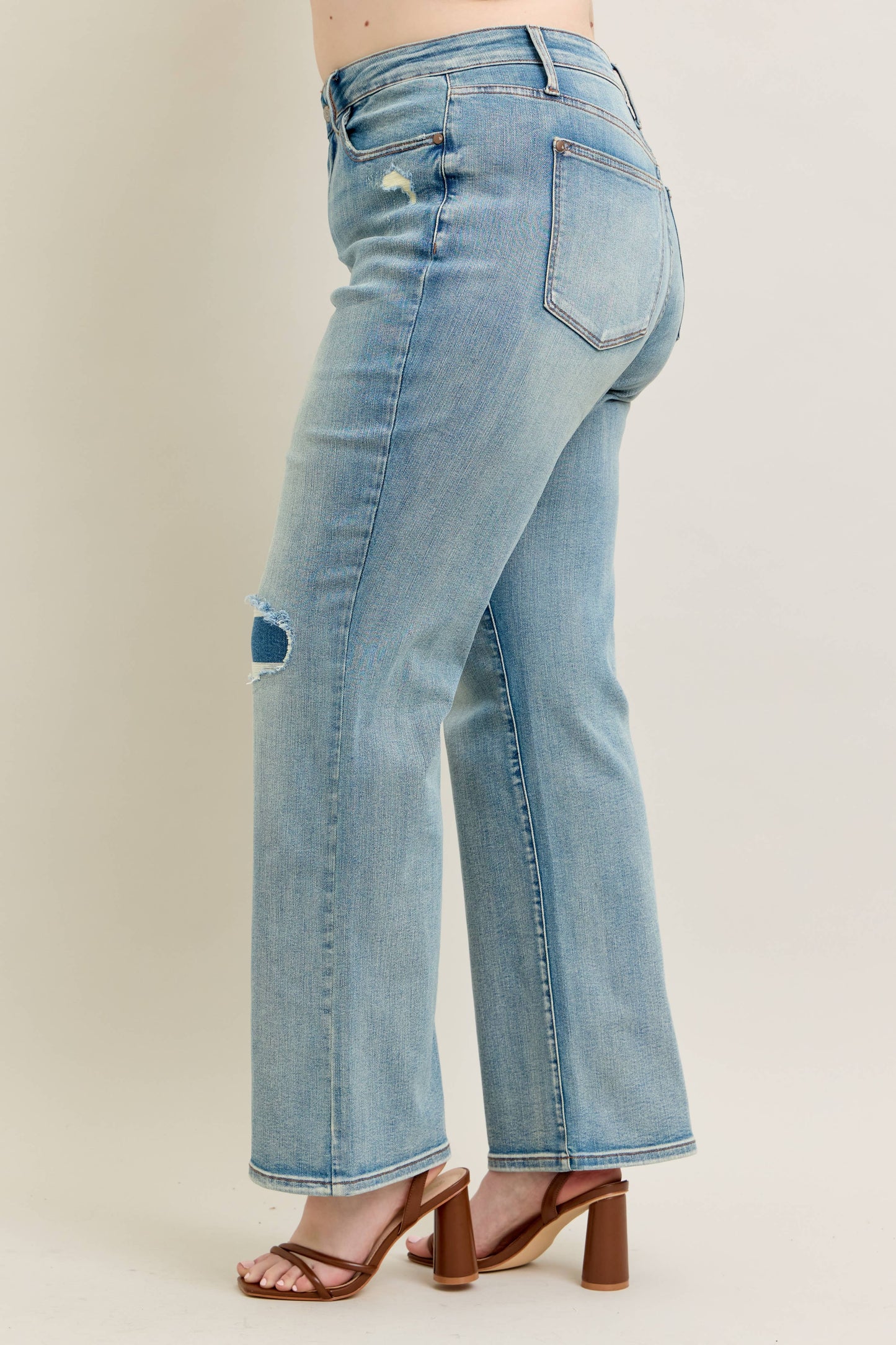 High Waisted Distressed & Knee Patch Straight- PLUS