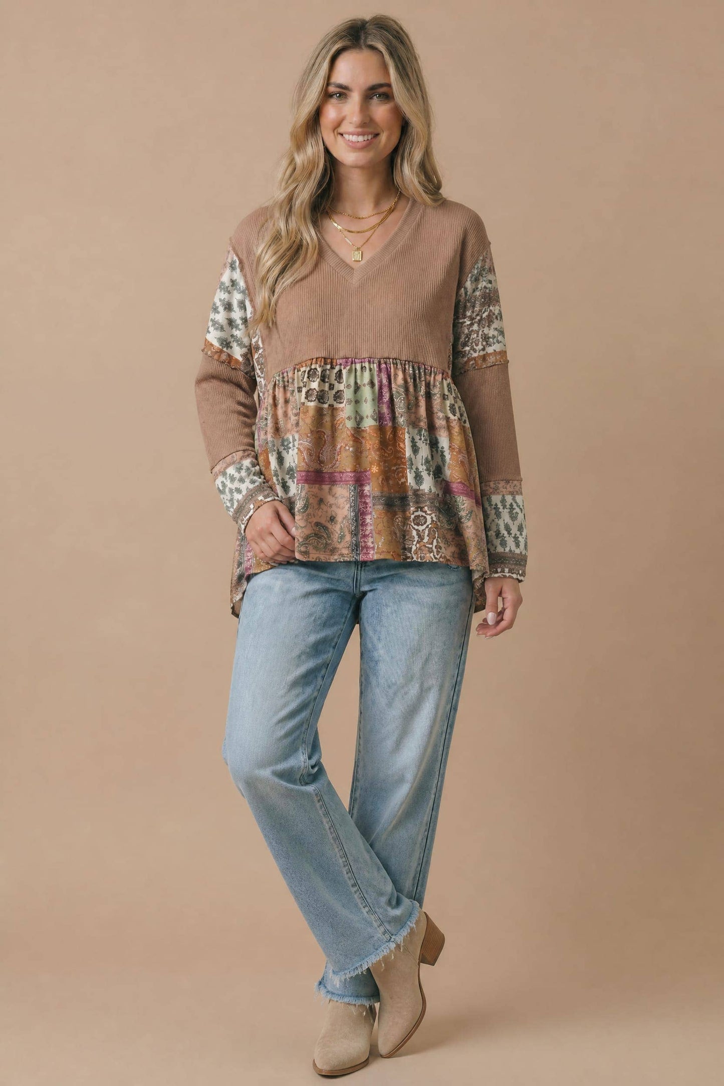 Boho Print Color Block Knit Top