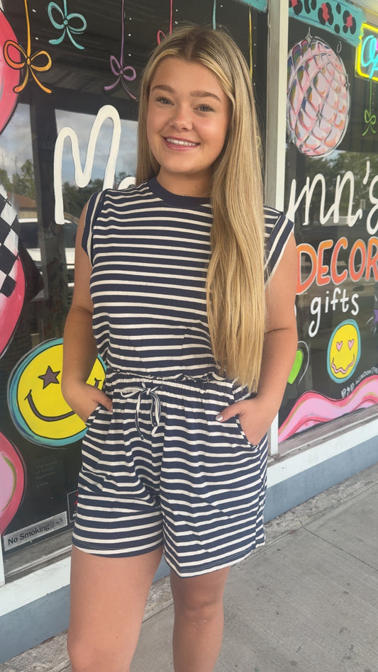 Striped Sleeveless Drawstring Romper