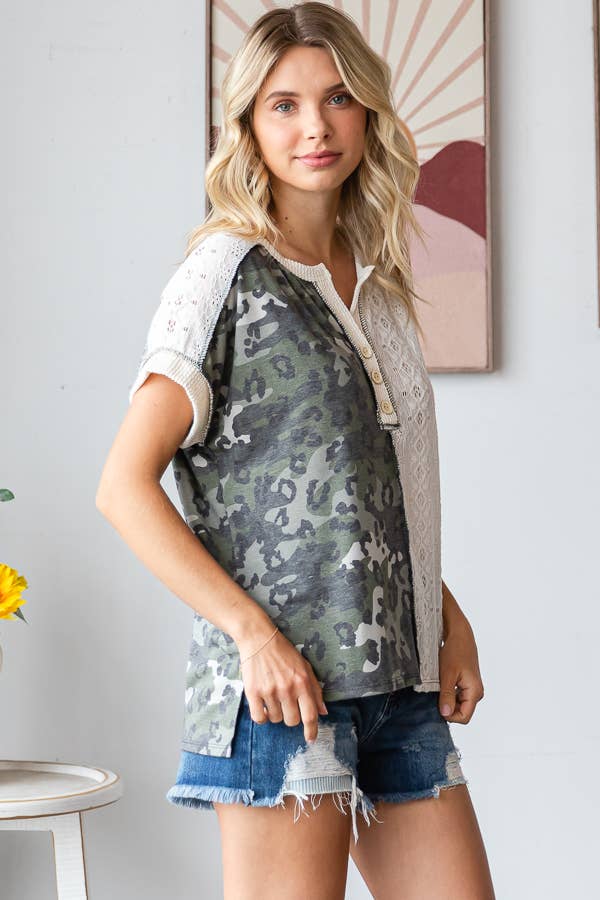 Camo Animal Lace Contrast Button Front Short Sleeve