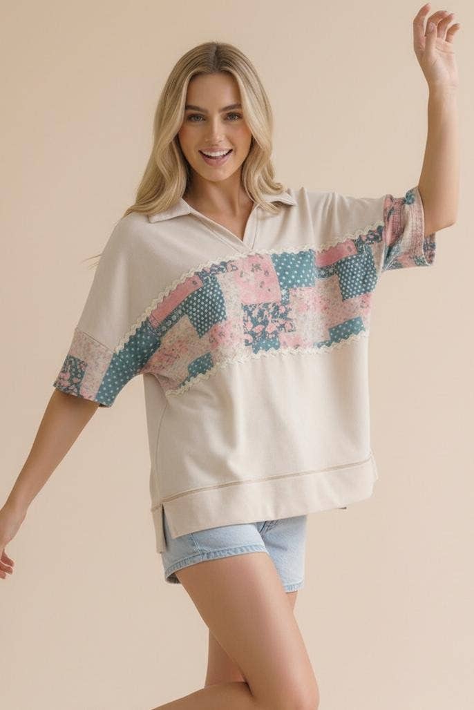 Collared Notch Neck Floral Patchwork Print Top