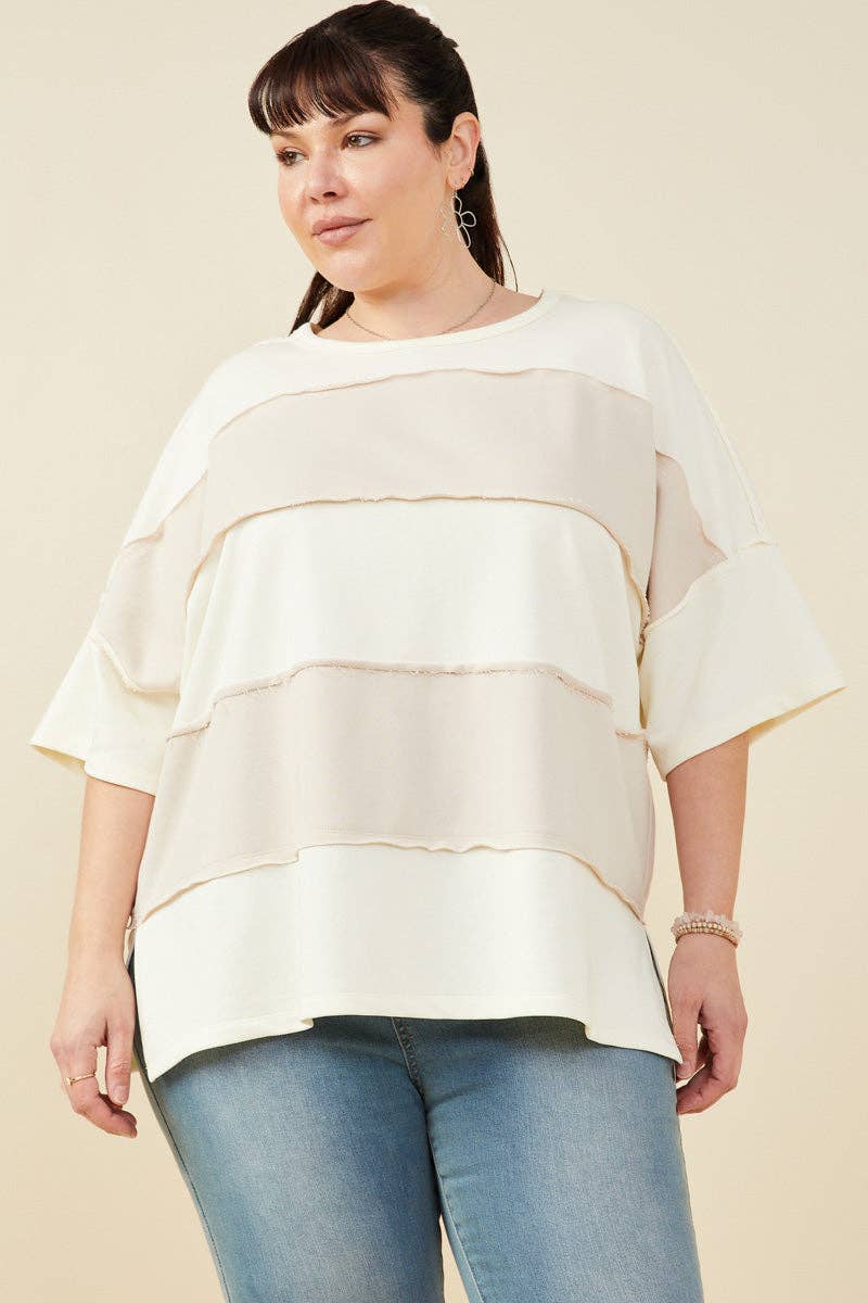Womens Raw Edge Detail Color Block French Terry Knit Top