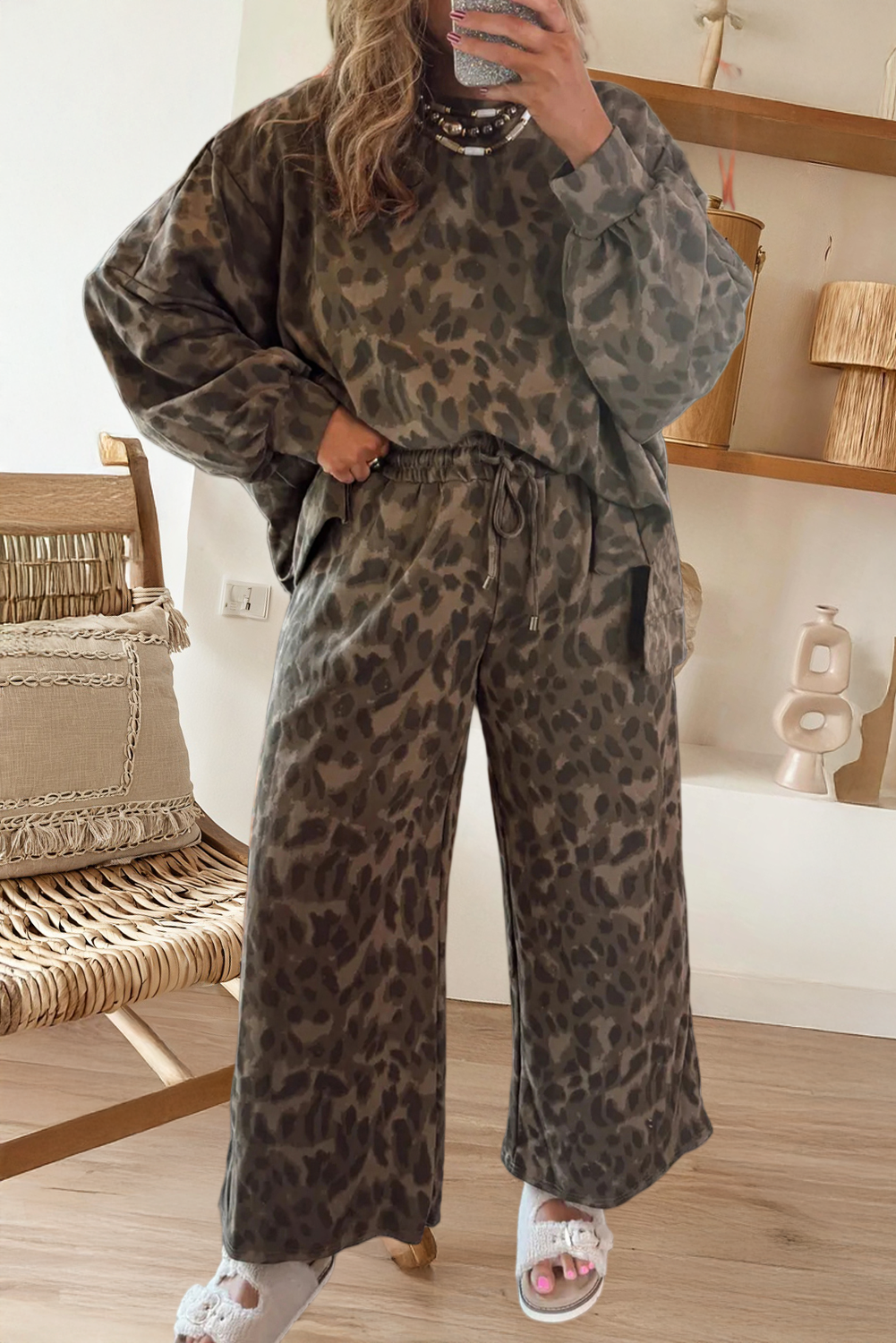 Brown Leopard Print Patchwork Pullover Drawstring Loose Pant Set