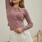 WASHED LONG SLEEVE RIBBED HENLEY KNIT TOP