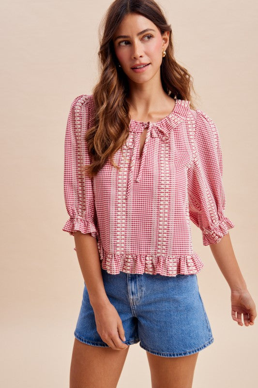 Embroidered Gingham Check Ruffle Blouse